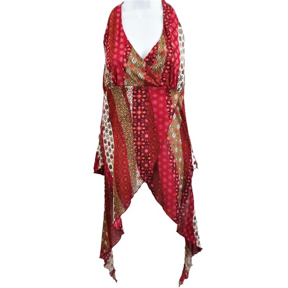 Vintage 90s Y2K Hippie Halter Top Shark Bite Overlap Psychedelic Kaleidoscope L - Picture 3 of 8